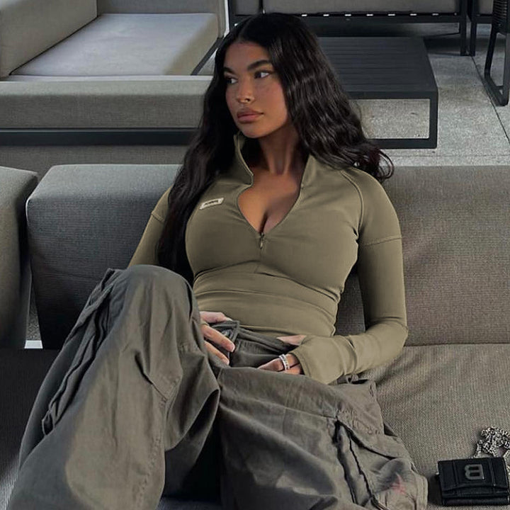 Damen nan figurbetontes Langarm-Zip-Top mit tiefem V-Ausschnitt und elastischem Funktionsstretch Drune