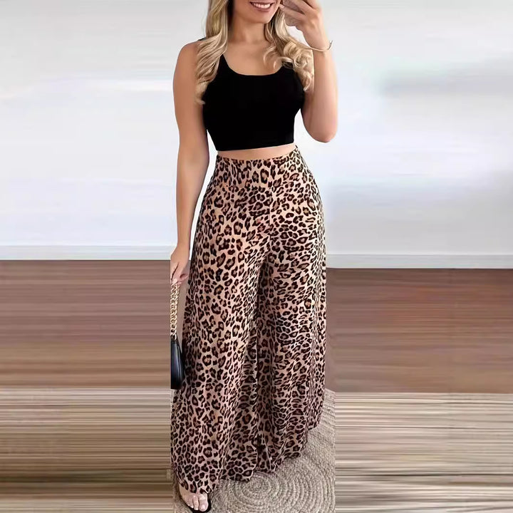 Damen Weite Leoprint-Hose mit hohem Bund und elastischem Taillenbund Drune