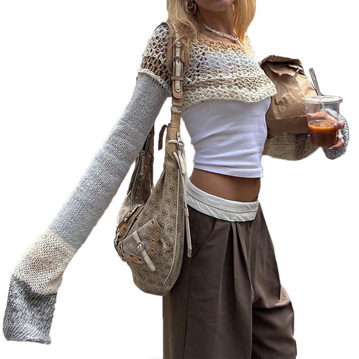 Damen gehäkeltes Crop-Top mit langem Arm und bunten Streifen Drune