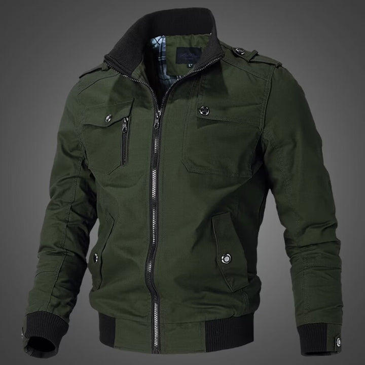 Herren nan taillierte Canvas-Bomberjacke mit Stehkragen, Reißverschlussfront, Schulterpatten und funktionalen Taschen Drune