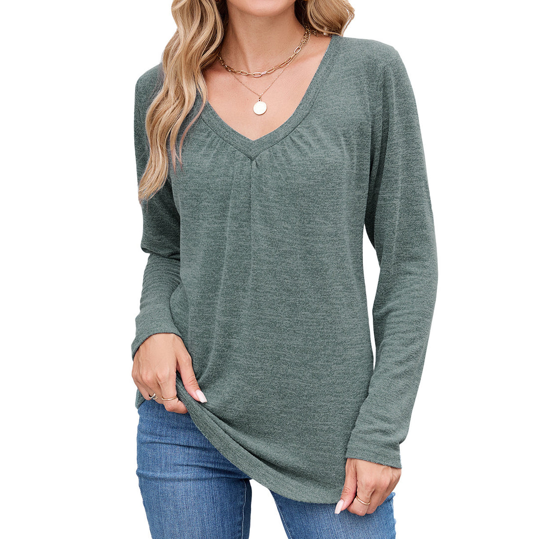 Damen lässiges Langarmshirt mit V-Ausschnitt und Falten Detail Drune