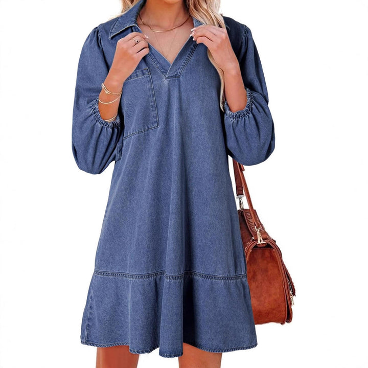Damen Denim-Kleid mit voluminösen Ärmeln und seitlicher Tasche Drune
