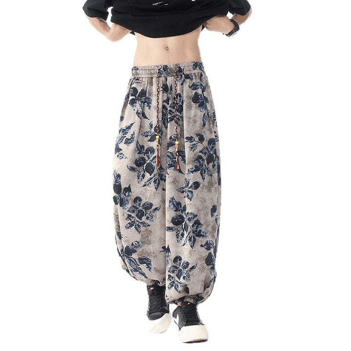 Damen nan lässige Pluderhose im Ethno-Print mit elastischem Bund, Kordelzug und gesmokten Bündchen Drune
