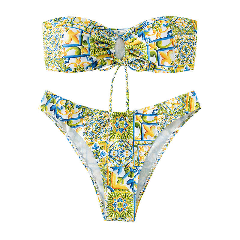 Damen Bandeau-Bikini mit raffiniertem Bindedetail und floralem Druck Drune