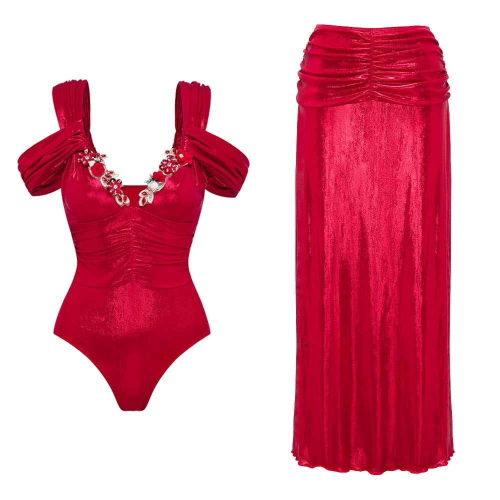 Damen Badeanzug mit off-shoulder Design und elegantem Rock Drune