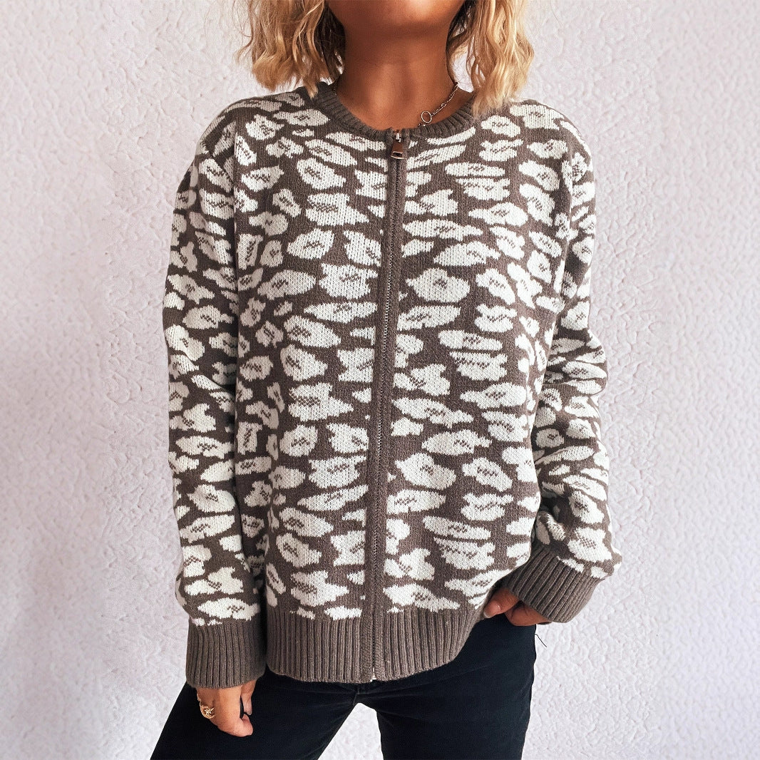 Damen Strickjacke mit modernem Leopardenmuster und Zipperdetails Drune