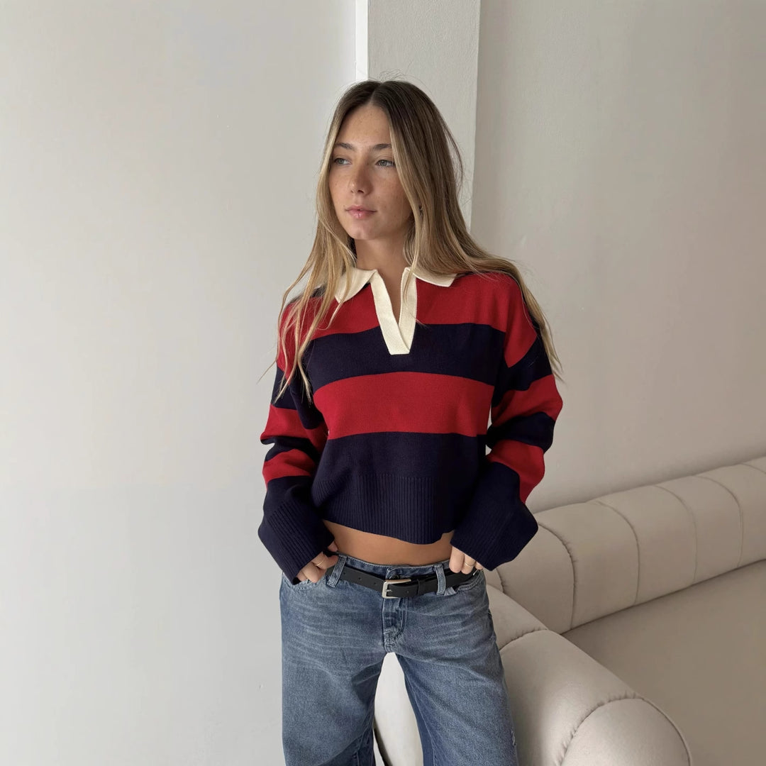 Damen cropped Pullover mit modernem Streifenmuster und sportlichem Kragen Drune
