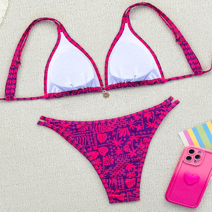 Damen Triangel-Bikini-Set mit floralem Muster und raffinierten Bindebändern Drune