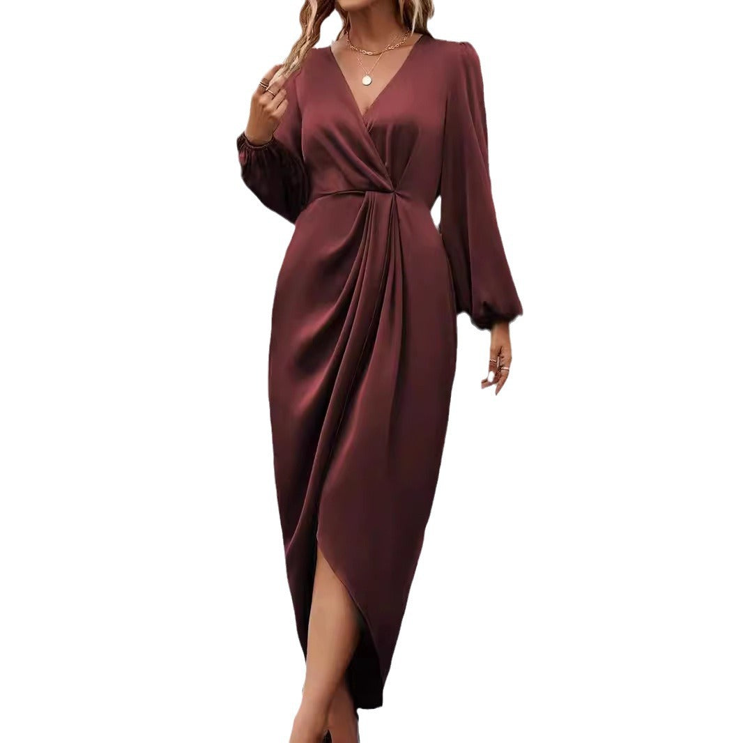 Damen nan drapiertes Satin-Midikleid mit Knoten-Detail, V-Ausschnitt und Ballonärmeln Drune