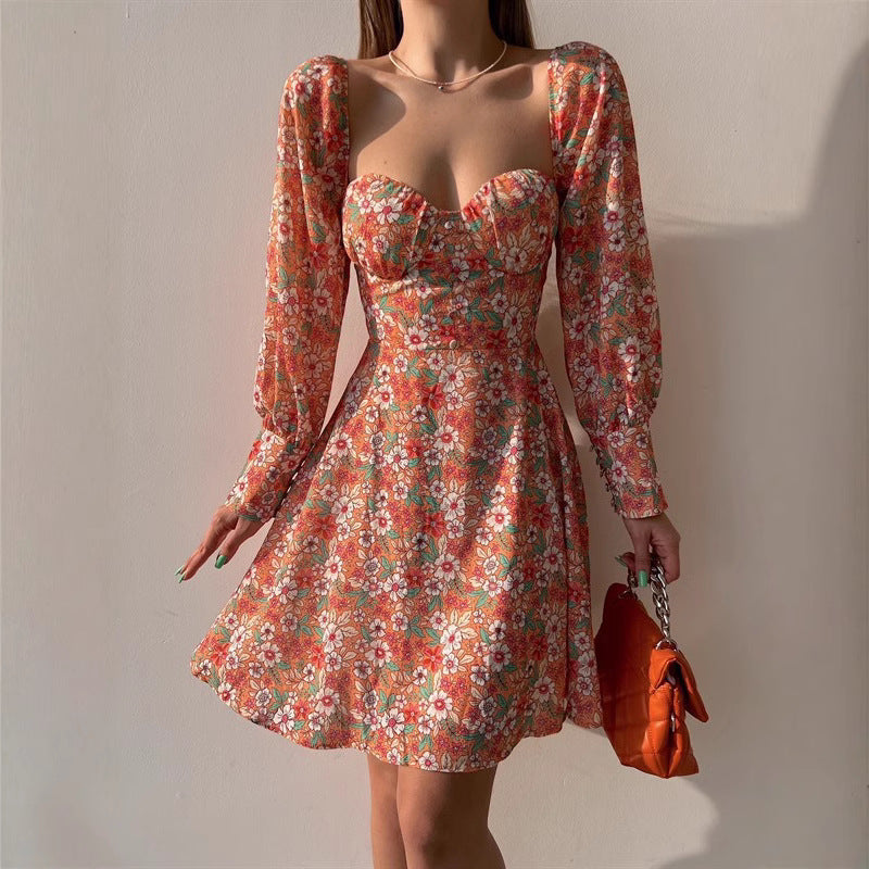 Damen Puffärmel Kleid mit romantischem Blumenmuster und herzförmigem Ausschnitt Drune