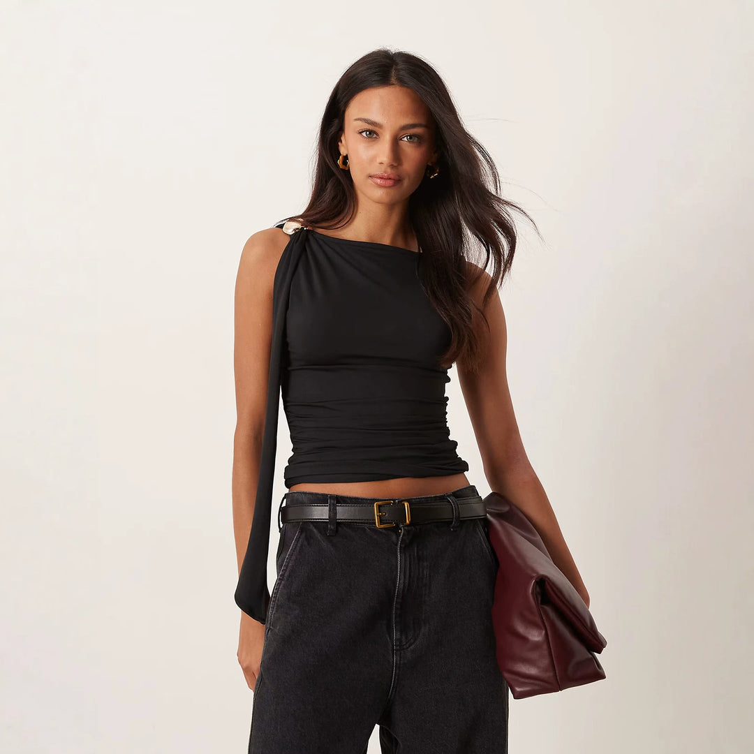 Damen elegantes Raffungskleid mit dekorativem Schulterband Drune