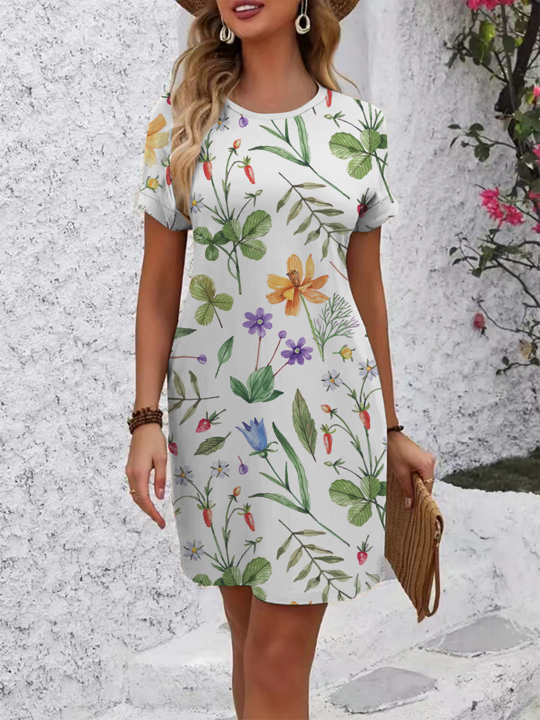 Damen Kurzarm Kleid mit botanischem Druck Drune