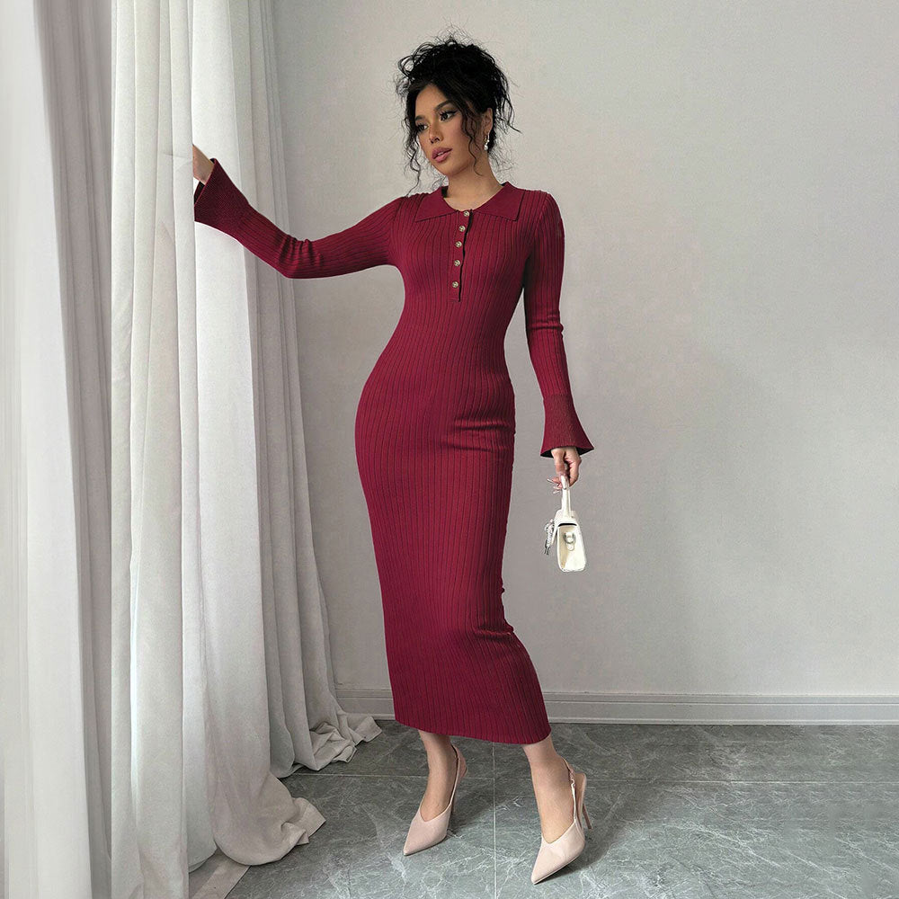 Damen figurbetontes Maxikleid mit Polokragen und Knopfleiste Drune