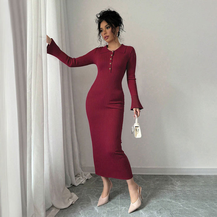 Damen figurbetontes Maxikleid mit Polokragen und Knopfleiste Drune