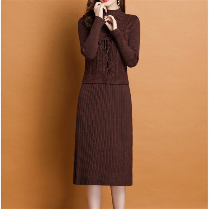 Damen elegantes Strickkleid mit hochgeschlossenem Kragen und dekorativem Zopfdesign Drune