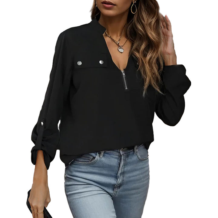 Damen Bluse mit edlem Stehkragen und Reißverschluss Drune