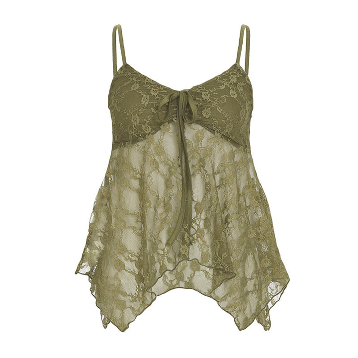 Damen Spitzen-Tanktop mit asymmetrischem Schnitt und dekorativem Bindeband Drune