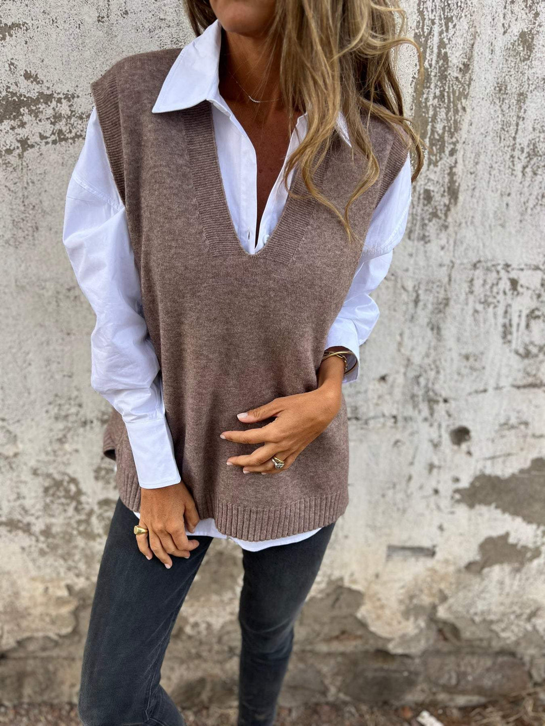 Damen lässiger Strickpullover mit V-Ausschnitt Drune
