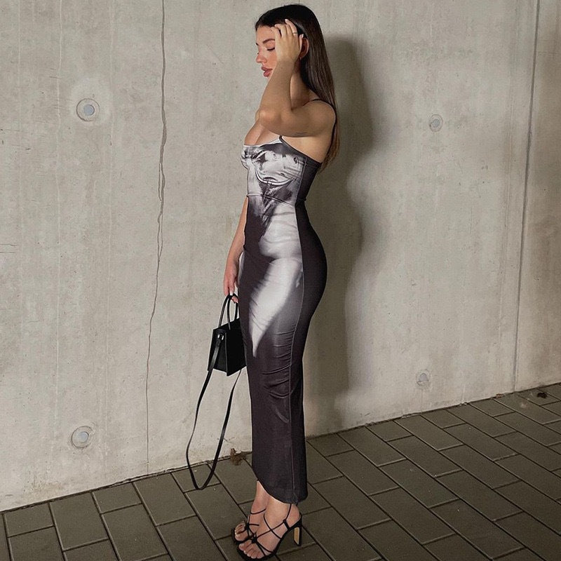 Damen Figurbetontes Maxikleid mit feinen Spagetti-Trägern Drune