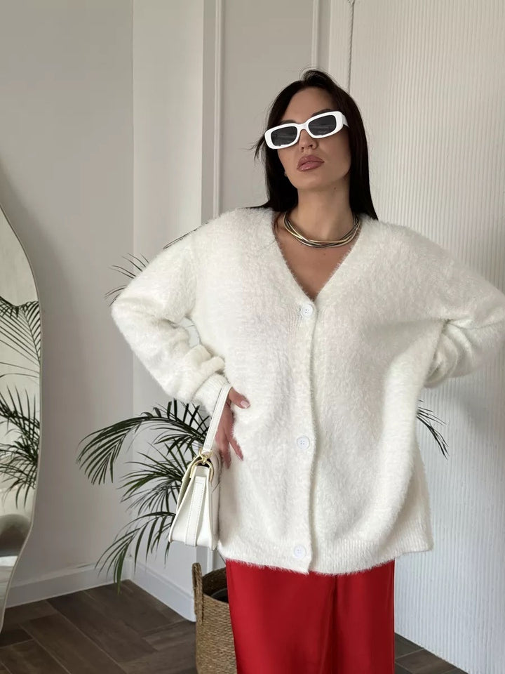 Damen kuscheliger Cardigan mit V-Ausschnitt und weichen Ärmeln Drune