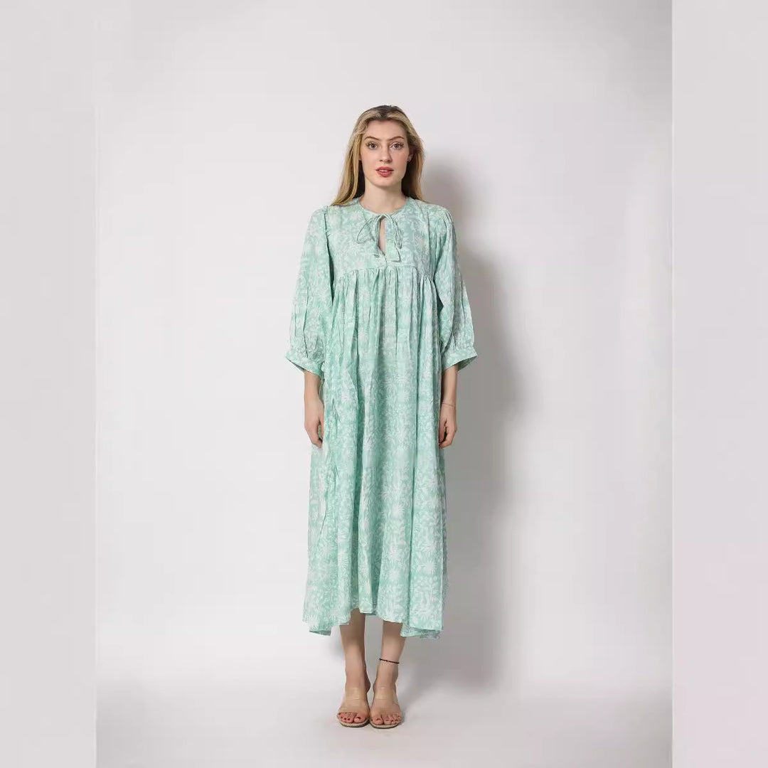 Damen Maxi-Kleid mit voluminösen Ärmeln und raffiniertem Bindungsdetail Drune