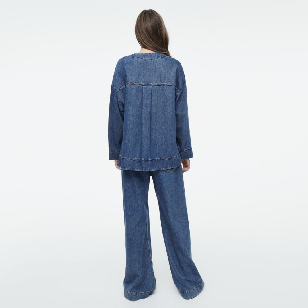 Damen lässiges Denim-Jacket-Hosen-Set mit Übergrößen Drune