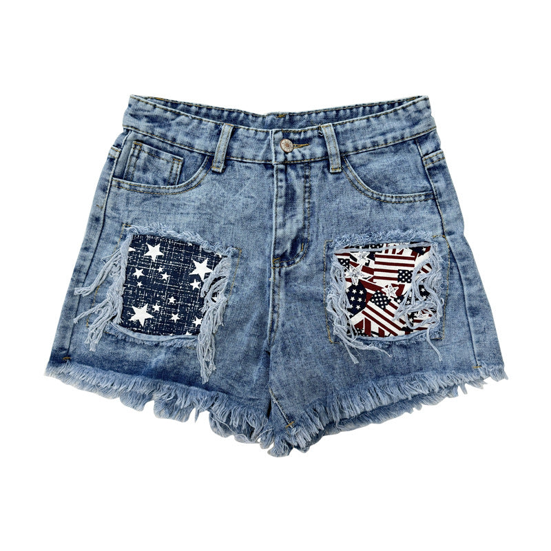 Damen Destroyed Denim-Shorts mit fransigen Taschen und modischen Aufnähern Drune