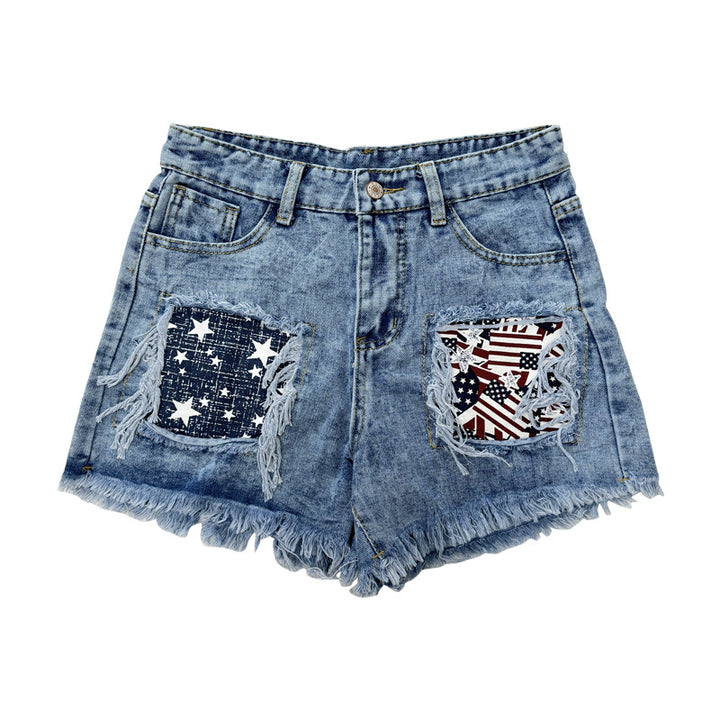 Damen Destroyed Denim-Shorts mit fransigen Taschen und modischen Aufnähern Drune