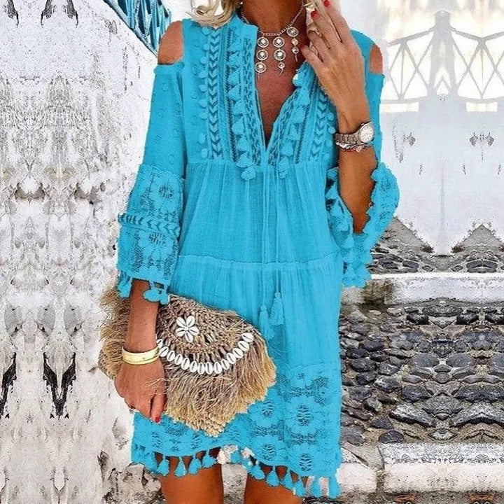 Damen Boho-Tunika mit Spitzendetails und offenen Schultern Drune