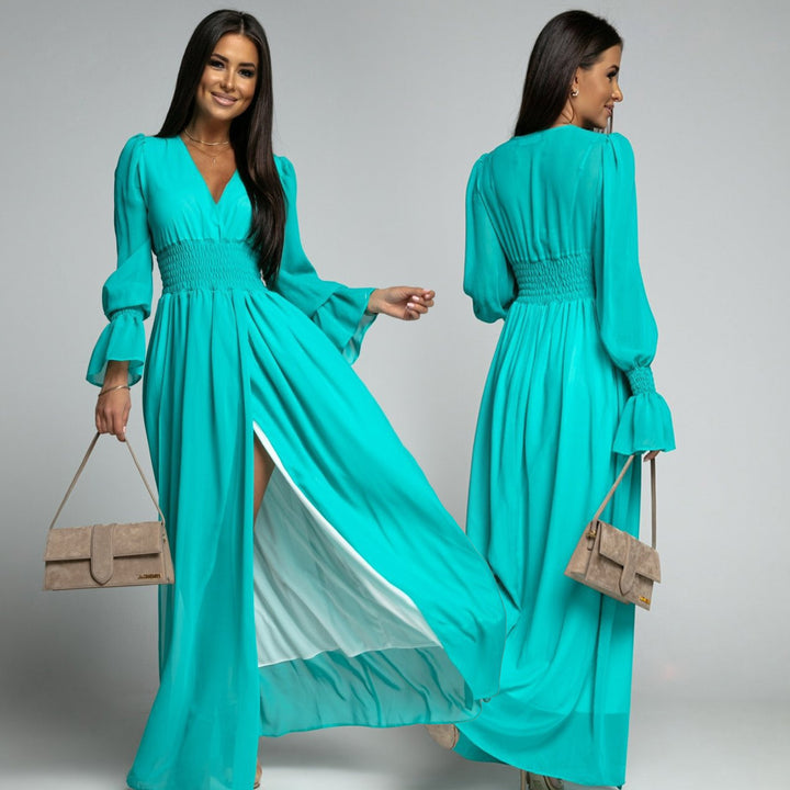 Damen Maxi-Kleid mit tiefem V-Ausschnitt und voluminösen Ärmeln Drune