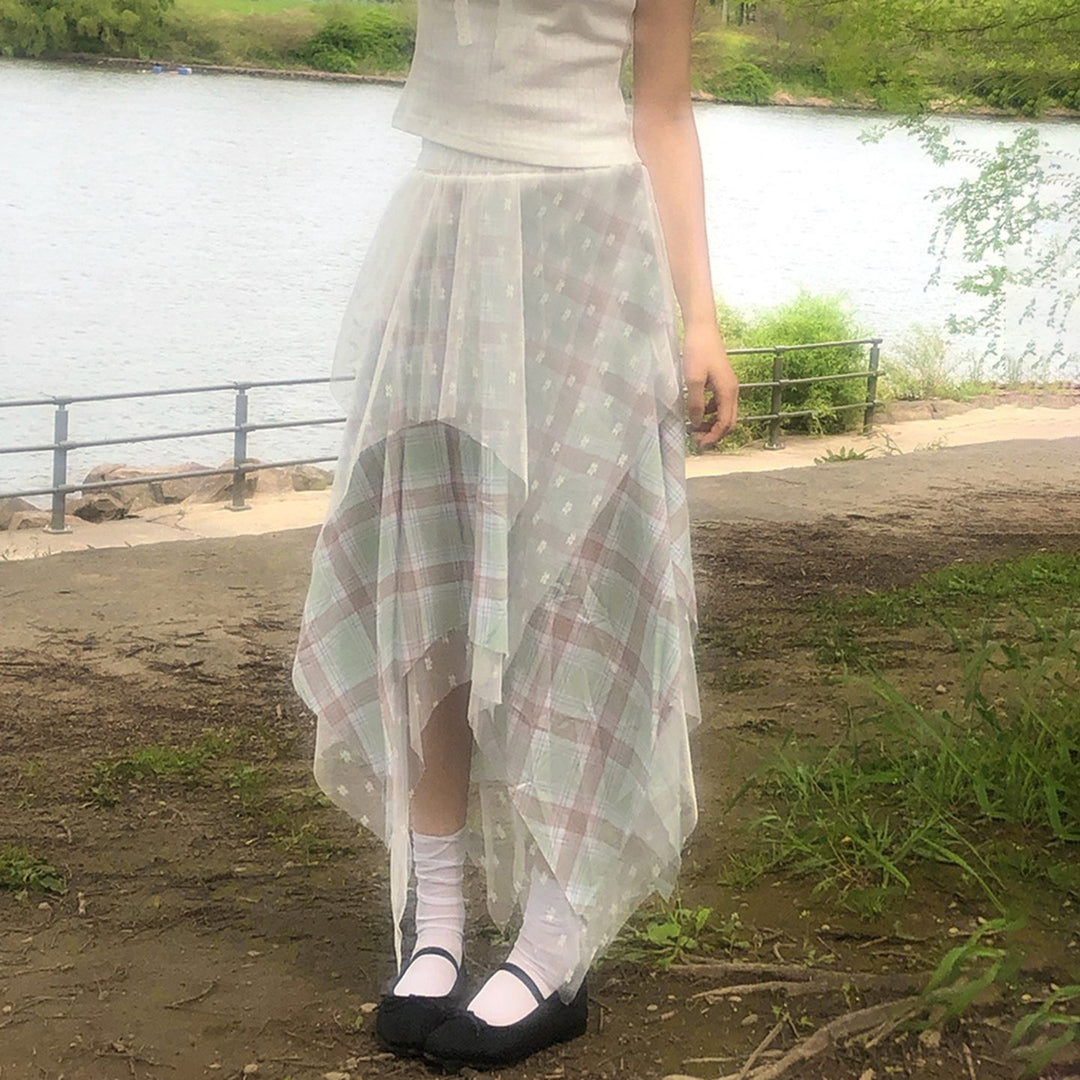 Damen Asymmetrischer Plissee-Rock mit transparentem Chiffonüberwurf und kariertem Design Drune