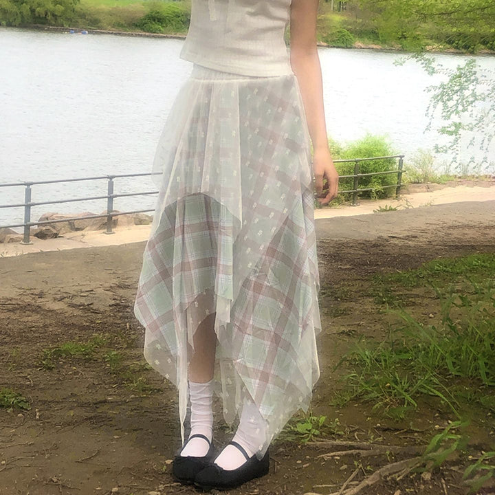 Damen Asymmetrischer Plissee-Rock mit transparentem Chiffonüberwurf und kariertem Design Drune