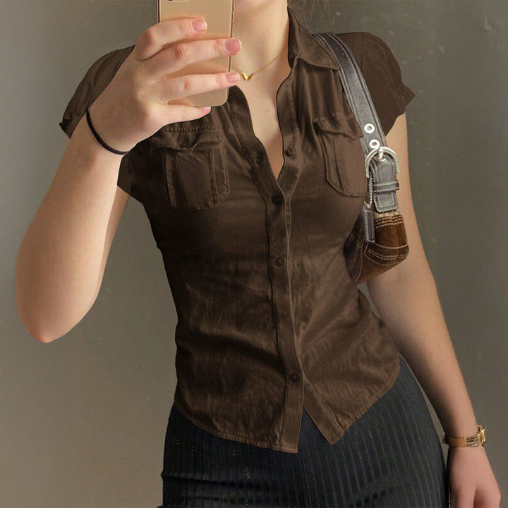 Damen Kurzarm Bluse mit Brusttaschen und taillierter Silhouette Drune
