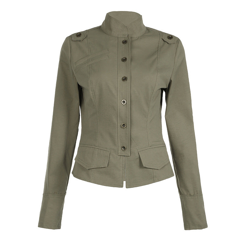 Damen nan taillierte Utility‑Militärjacke mit Stehkragen, Schulterpatten und aufgesetzten Pattentaschen Drune