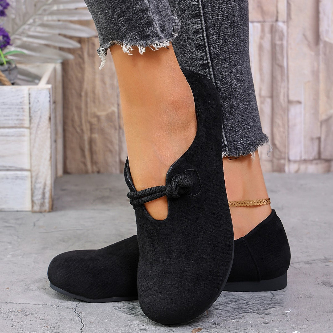 Damen  legere Ballerina Halbschuhe aus Veloursoptik mit dekorativer Knotenlasche und flexibler rutschfester Sohle Drune