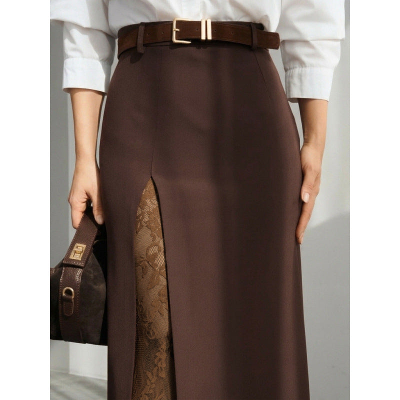 Damen Eleganter Maxirock mit transparentem Spitzeneinsatz und seitlichem Schlitz Drune