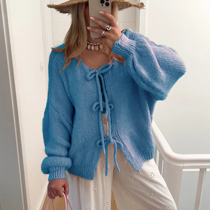 Damen Wadenlanger Strickcardigan mit Kordelzug Drune