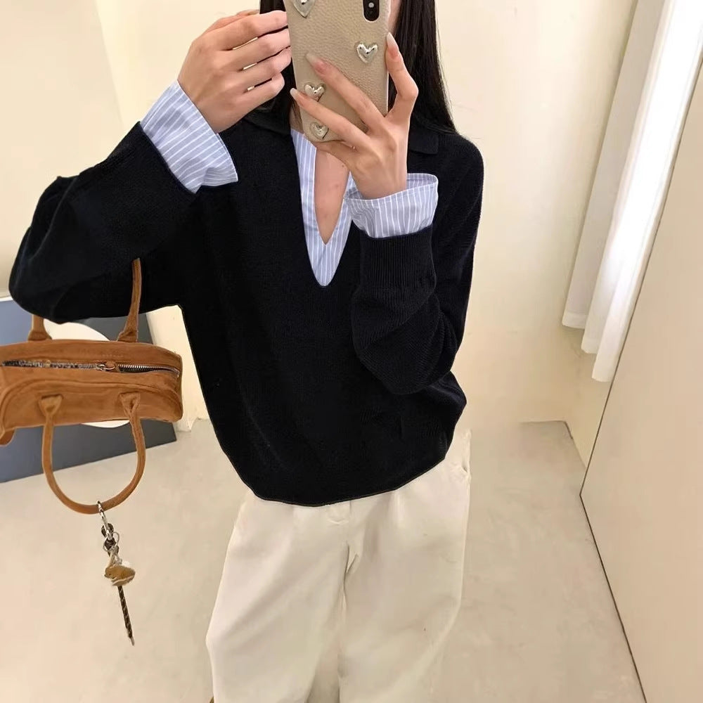 Damen Eleganter Pullover mit eingesetztem Hemdkragen Drune