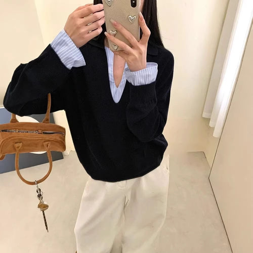 Damen Eleganter Pullover mit eingesetztem Hemdkragen Drune