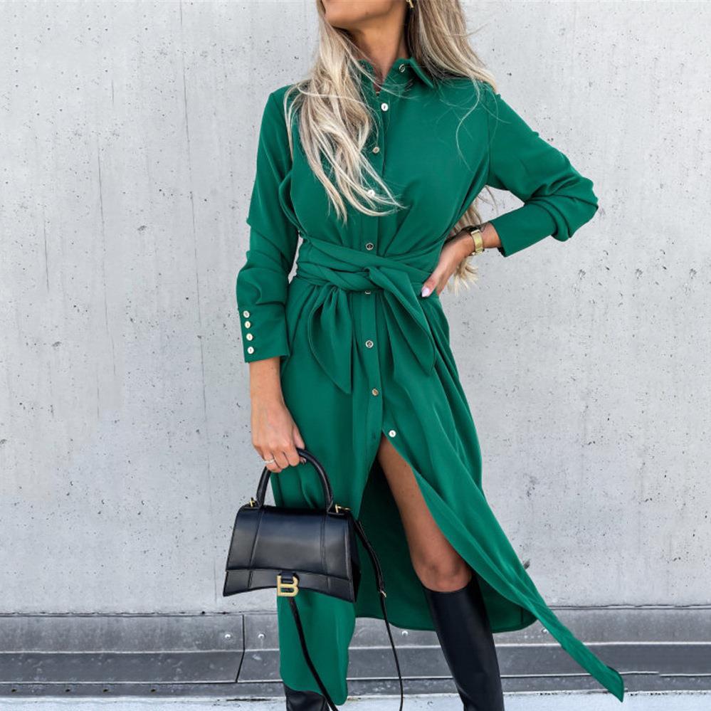 Damen Hemdblusenkleid mit Taillengürtel und 长em Schlitz Drune