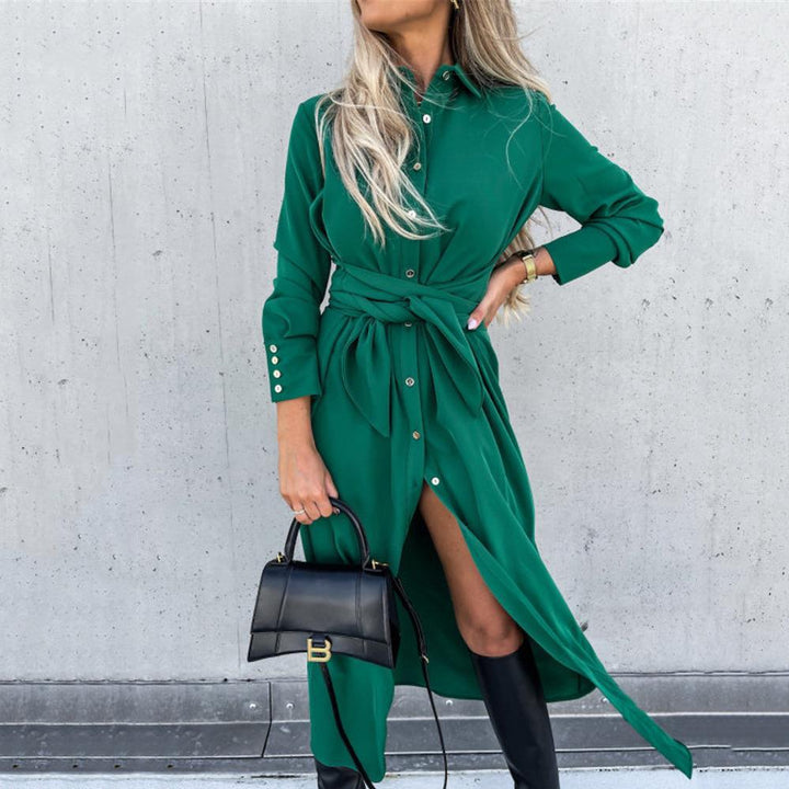 Damen Hemdblusenkleid mit Taillengürtel und 长em Schlitz Drune