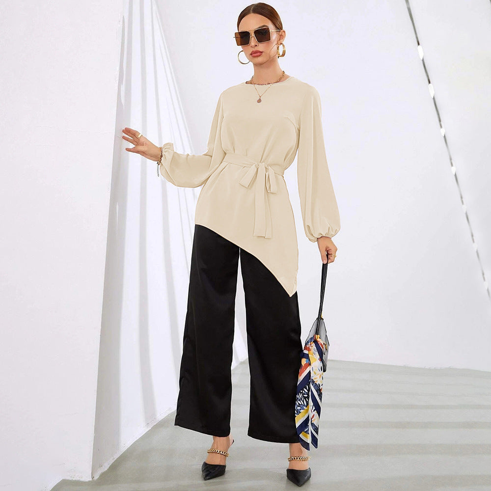 Damen asymmetrisches Blusenoberteil mit eleganten Rüschen und modischem Taillengürtel Drune