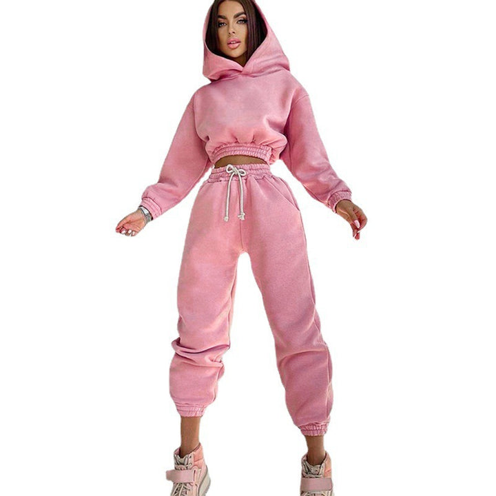 Damen nan Cropped-Hoodie-Loungewear-Set mit elastischem Rippbund, hoher Taillen-Jogginghose und dekorativem Kordelzug Drune