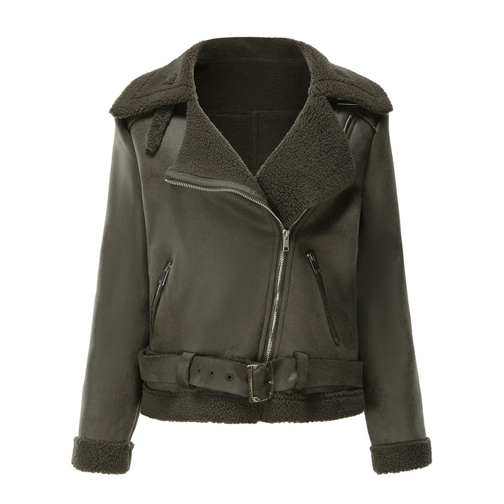 Damen nan taillierte Lammfellimitat-Fliegerjacke mit Gürtel und Teddyfutter Drune