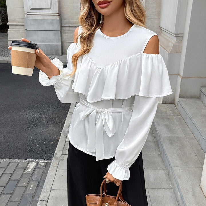 Damen Bluse mit auffälligen Rüschendetails und taillierbarem Bindegürtel Drune