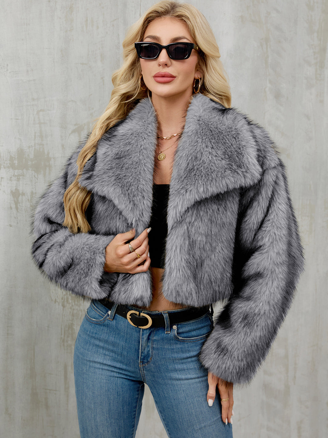 Damen Modische Kunstpelzjacke mit großem Revers Drune