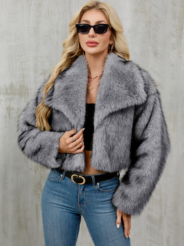 Damen Modische Kunstpelzjacke mit großem Revers Drune