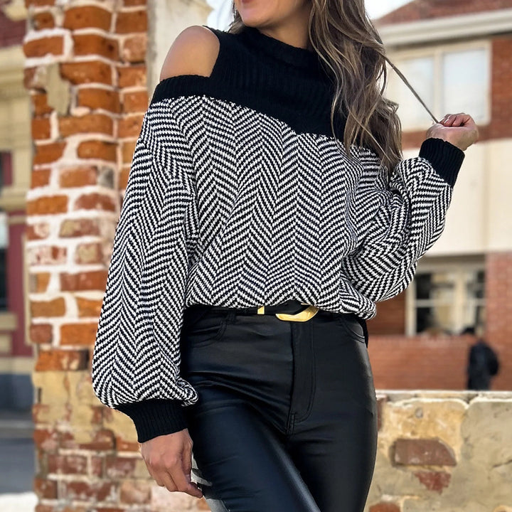 Damen trendiger Pullover mit Schulterauschnitt und modernem Zickzackmuster Drune