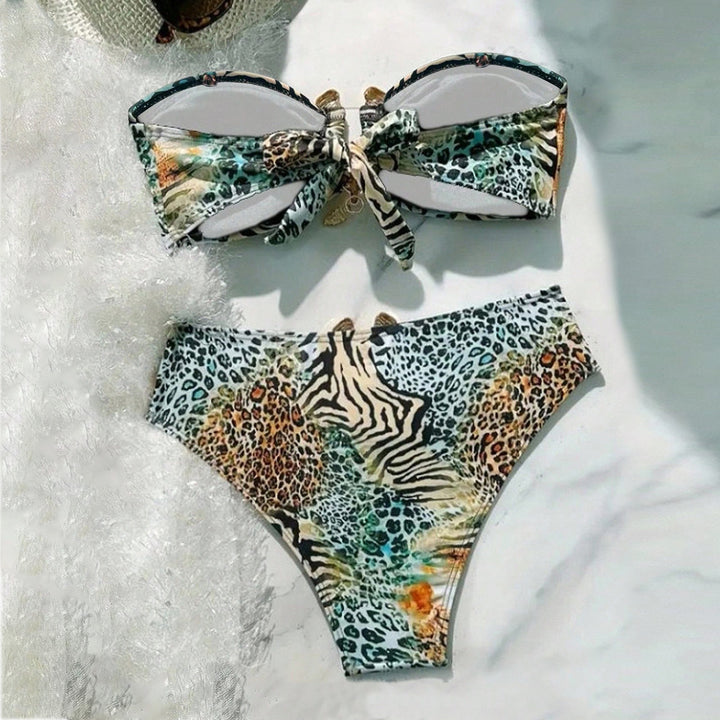 Damen Bandeau-Bikini mit animalischem Muster und dekorativem Verschluss Drune