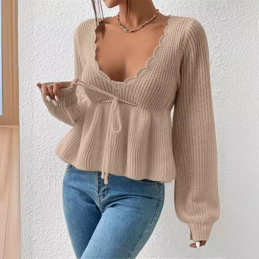 Damen Strickpullover mit dekorativem Rundhalsausschnitt und Kordelzug Drune